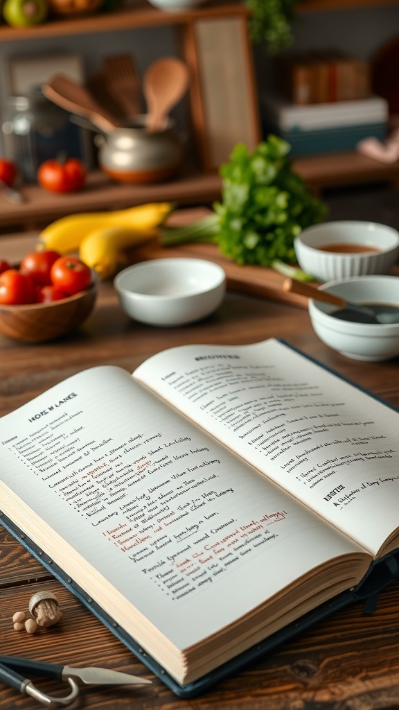 A homemade recipe book with colorful recipes on a wooden table in a cozy kitchen.